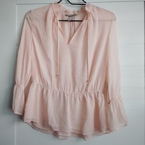 H&M Pink Smocked Waist Mock Neck Casual Blouse Shirt, Spring, Casual